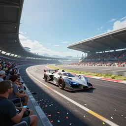 wide angle shot of a futuristic car racetrack from the attendee stands with confetti on a sunny day with a clear blue sky, cyberpunk, profile shot, digital painting, good value control, unreal engine 5, fourze, realistic textures, wipeout 2 0 4 8, f - zero