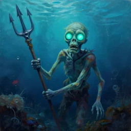 painting by greg rutkowski of a drowned zombie with!! glowing cyan eyes!!, holding a trident, underwater