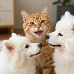 an orange cat grinning widely at a white dog. photograph. digital art.