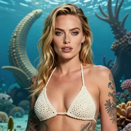 tattooed margot robbie posing in a crochet bikini in front of atlantis, highly detailed realistic face, highly detailed eyes, fantasy art, in the style of greg rutkowski, illustration, epic, fantasy, intricate, hyper detailed, artstation, concept art, smooth, sharp focus, ray tracing, vibrant,
