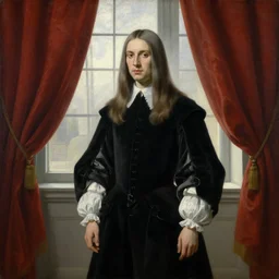 museum painting, wide - shot, pale beautiful young male man, mouse greyish very light brown hair, straight!! shoulder - length!! hair, dressed in 1 7 th century, black clothes, white clothes, gloves, background is the rich curtain!!! on a window, sharp focus, highly detailed, digital art, oil painting, masterpiece, artgerm, rutkowski,