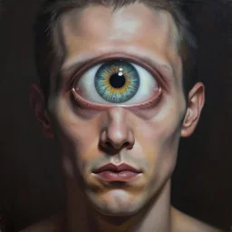 Painted portrait of an man without face, nose and mouth. Man with one enormous eye in the center of the forehead. High detail, hyperrealism, fantasy art, concept art, creepy, 8k