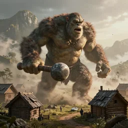 one big giant ogre troll with a club attacks wooden village houses. destruction dust and fog. atmospheric by eddie mendoza and craig mullins. volumetric lights