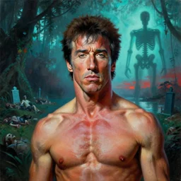 frazetta portrait of bruised skinny sylvester stallone  fairy   and backlit head , in background dark foggy backlit jungle filled with corpses , with lake, backlit graveyards and muscular oversized skeleton silhouette backlit, cyan atmosphere , very detailed oil painting by frazetta with visible brushmarks, dramatic clouds , sunset red panorama