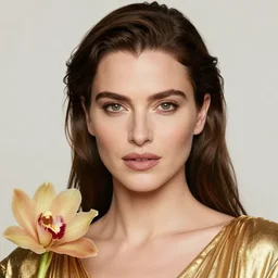 realistic detailed face portrait of rachel weisz as goddess of orhids wearing a golden outfit by alphonse mucha, ayami kojima, amano, greg hildebrandt, and mark brooks, female, art nouveau, neo - gothic, gothic