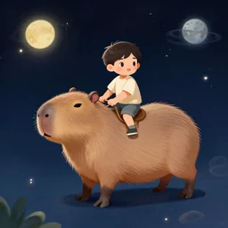 digital painting of a boy riding a magical capybara in space