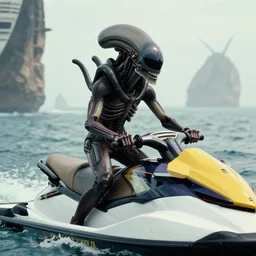 film still of alien!! xenomorph!! jet skiing in the new alien movie, 4 k