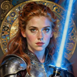 head and shoulders portrait of a female knight, jedi, young scarlett johansson, star wars, blue lightsaber, by alphonse mucha, face detail, extremely detailed, art nouveau painting