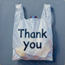a painting of a plastic bag that says thank you, a photorealistic painting by james rosenquist, behance contest winner, hyperrealism, hyper realism, oil on canvas, made of plastic