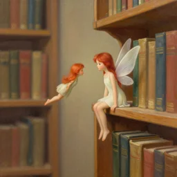 a painting of a tiny fairy flying sitting on a bookshelf, ((((library interior)))), profile perspective, red hair, green dress, concept art by Kaja Foglio, behance contest winner, vanitas, official art, poster art, concept art