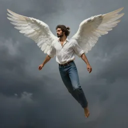 handsome male angel, Middle-Western ethnicity. beardless, hair in a ponytail. Shirt, jeans and barefoot. Angel flying in a stormy sky. Distant full-body view. Digital painting, concept art, smooth, sharp focus, illustration, by Ruan Jia and Mandy Jurgens and Artgerm and William-Adolphe Bouguereau