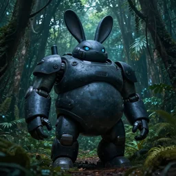 dark night giant oversized battle rabbit robot chubby fatmech with big ears, in jungle forest, full body, nighttime, cinematic