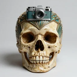 human skull in an art deco style centered composition 70mm camera