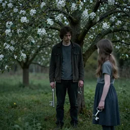 a man is standing by apple tree. a girl holds a very large silver key. folk horror. eerie. fine detail. realistic. fireflies