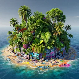 plastic beach island lush vegetation caustics fluid simulation lighting impressive colorful masterpiece graffiti hyper perspective textured detailed intricate sharp focus 8 k