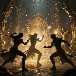 silhouette of fantasy league of legends characters fight with magic in big cave, action scene, clear faces, lumen reflections, sharpened, insanely detailed and intricate, hypermaximalist, elegant, ornate, hyper realistic, super detailed, digital art, bokeh blur