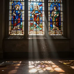 photo, sunlight and dust sparkling, shining through a beautiful stained glass window, with ray showing on the floor, intricate details, extremely high quality, moody lighting, real camera, real caustics, real photo, 8 k, full subject in shot