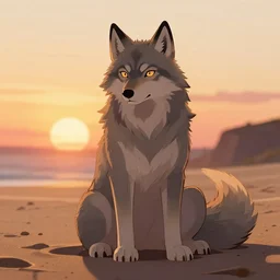 anthropomorphic wolf fursona sitting in sand lit by the sunset, furry art, trending on artstation, digital art, kawacy, trending on furaffinity