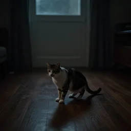 a cat in floor inside a dark house, surrealism