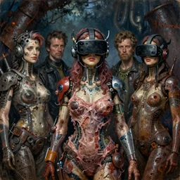 junky women, cybertronic gadgets and vr helmet, flesh + technology, durty colours, night, rotten textures, rusty shapes, biotechnology, norman rockwell, tim hildebrandt, wayne barlow, bruce pennington, larry elmore, oil on canvas, deep depth field, masterpiece, cinematic composition, hyper - detailed, hd, hdr