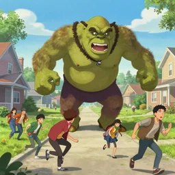 a huge angry violent ogre stomps through a suburban neighborhood, people run, by yuumei, bayard wu, wlop, tim white, ross tran, 4 k