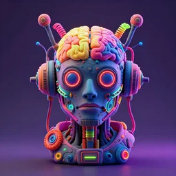 a claymodel of a dieselpunk futuristic robot head wearing brain sensors with multicolored spiral cables, 8 k, front shot, symetrical, flourescent colors, halluzinogenic, multicolored, insanely detailed, front shot, bust shot, 3 d render, octane
