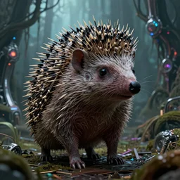 portrait of a intricate humanoid hedgehog terminator, on the background of a weird magical mechanical forest. Very detailed 8k. Fantasy cyberpunk horror. Sharp. Cinematic post-processing. Unreal engine. Nanite. Ray tracing. Parallax. Tessellation