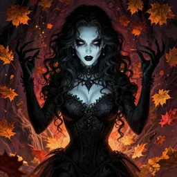 beautiful stella maeve magician, black magic spells, in the style of joshua middleton, rafeal albuquerque comicbook cover art, phil noto, creepy pose, spooky, symmetrical face and body, volumetric lighting, vibrant cinematic lighting, detailed realistic symmetrical eyes, insanely detailed and intricate elegant, titian, autumn leaves