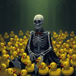 anime key illustration of ainz ooal gown overlord skeleton sitting in a room full of yellow rubber duckies, audrey plaza fine detail anime realistic shaded light