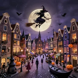 A bustling magical town with witches flying on their broom inspired by Victorian England and Amsterdam and Halloween Town from The Nightmare Before Christmas, concept art, matte painting, trending on art station, ultra high quality, masterpiece