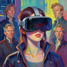 a beautiful painting of a cyberpunk fairuz in vr glasses by syd mead by sachin teng and pascal blanche and ralph mcquarrie and greg rutkowski. in style of futurism art. ( colorful comic ), ( film noirs ), ( brush stroke ), ( vibrating colors ), hyper detailed. 4 k texture. octane render. trending on artstation