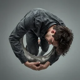 man painfully twisted into a spiral, realistic