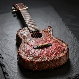 A perfectly cooked medium rare steak with the perfect shape of a guitar, food photography, 35mm, macro