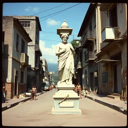 vintage color photo of a greek marble sculpture in the middle of a poor brazilian favela street, image by werner herzog