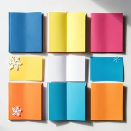 flatlay book collection, vivid colors, dramatic lighting, paper snowflakes
