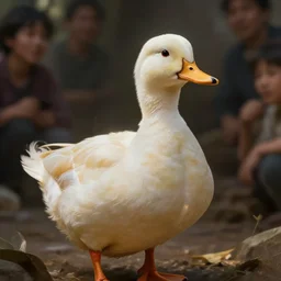 the duck king, surrounded by people worshipping it