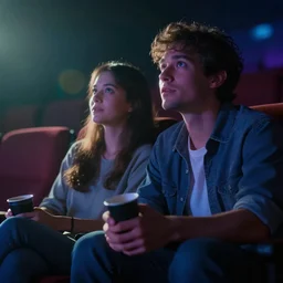 an illustration of a couple watching a movie, moody lighting, lens flare, atmosphere, glow, detailed, intricate, full of colour, cinematic lighting, trending on artstation, 4 k, hyperrealistic, focused, extreme details, unreal engine 5, cinematic, masterpiece