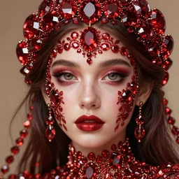 studio portrait of absurdly beautiful, elegant, young woman made of rubies and red gems, ultrafine hyperrealistic detailed face illustration by kim jung gi, irakli nadar, intricate linework, sharp focus, bright colors, matte, octopath traveler, final fantasy, unreal engine highly rendered, global illumination, radiant light, intricate environment