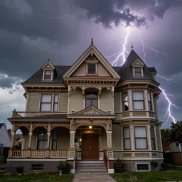richly decorated Victorian house, modern, beautiful, detailed wood, photorealistic, photorealism, ball lightning, lightning, clouds, smoke, storm, diffuse light, vivid cybernetics