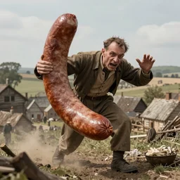 sentient sausage terrorising a small village in the 1940's, ultrarealistic, 8k,
