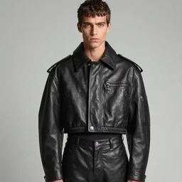 a editorial photo of a male model wearing a baggy designer medieval cropped leather menswear jacket by alexander mcqueen