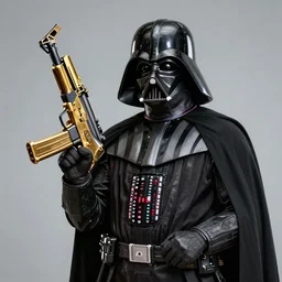 hyperrealistic portrait of gothic cyberpunk darth vader holding a golden ak 4 7, 4 k, highly detailed, beautifully rendered