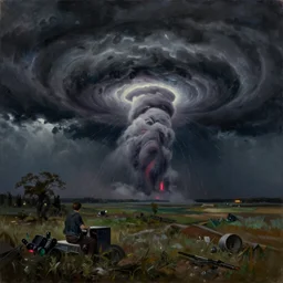 a tornado in a field by Adam Wyeth, stormy weather, extremely detailed masterpiece, oil on canvas, low-key neon lighting, artstation, Blade Runner 2049, Roger Deakin’s cinematography, by J. C. Leyendecker and Peter Paul Rubens,