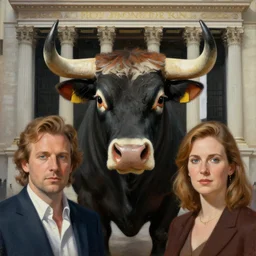 portrait of a bull in the stock exchange, painted by artgerm, karol bak, artur bordalo, sandra chevrier : : portrait, character, illustration, hyperrealism, photorealism