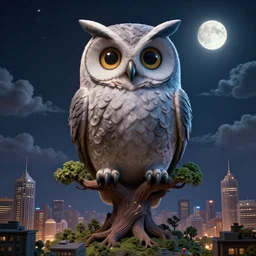 elaborate, giant, massive, detailed, 3 d owl, in a 3 d tree, dark, night sky with stars, clouds and glowing moon, cinematic, 3 d designed city, 4 k by'eva cremers'and'lesley barnes'and'jordan coelho'and wes anderson and james jean
