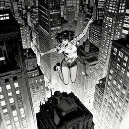 a girl jumping among the buildings of the new york city in the night, top view, grayscale color scheme, comic book artstyle, by john romita