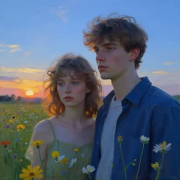 closeup, young couple, standing in a field of flowers, surreal photography, sunrise, blue sky, dramatic light, impressionist painting, digital painting, artstation, simon stalenhag, edouard manet,