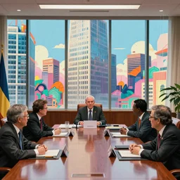 cinematic film shot of politicians arguing with each other at a large boardroom table in front of large skyscraper windows by jorge jacinto, death stranding art style, vibrant colors, intricate, high detail, digital painting, ultra realistic, cinematic lighting, wide angle cinematography, artstation, 3 5 mm film grain