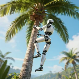 a robot climbing a coconut tree, ultrarealistic, hyperdetailed, cinematic, by wolp, horizon zero dawn, midsommar