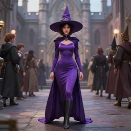 Young beautiful short woman in form fitting slim purple witch robes and pointy hat at a crowded magical university, full body shot unreal engine hyperreallistic render 8k character concept art masterpiece digital art by Greg Rutkowski, Simon Stalenhag, trending on Artstation, CGSociety